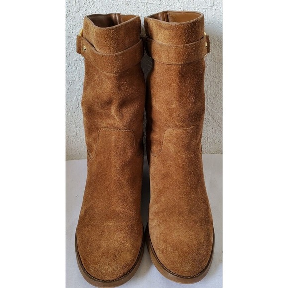 Michael Kors Logo Plate Rhea Brown Suede Boots Mid Calf Pull On Womens 5.5M US - Picture 2 of 14